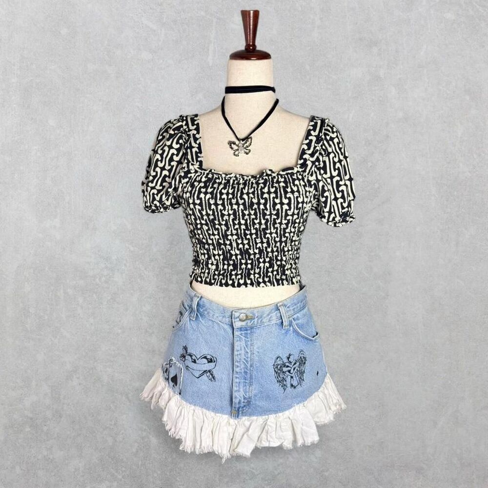 Anthropologie Monteau Black Patterned Linen Blend Smock Puff Sleeve Crop Top
